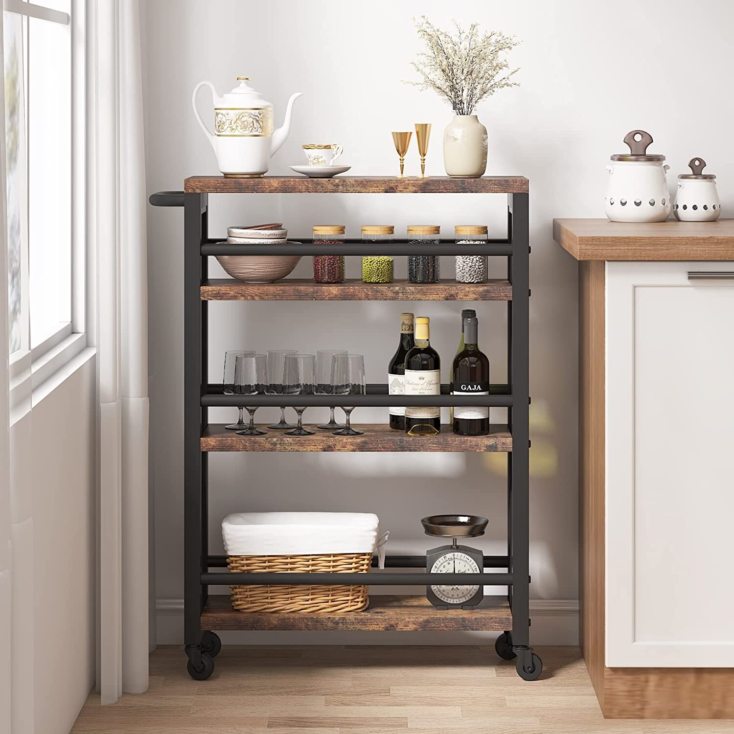 4 Tiers Kitchen Cart,Storage Rolling Cart Narrow Serving Trolley Cart