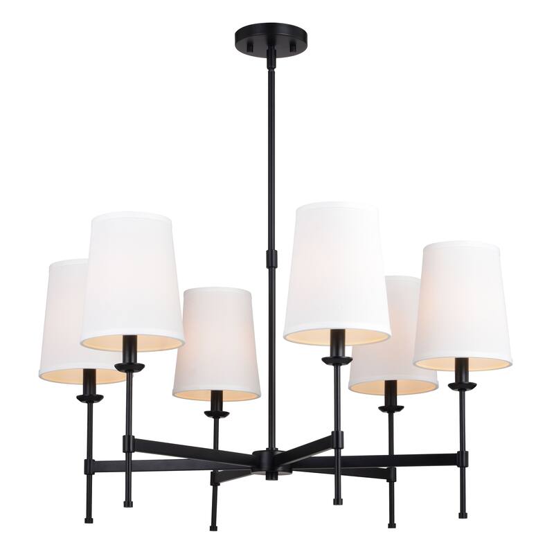 Camden 6 Light Matte Black Chandelier Fixture White Fabric Linen Shade, LED Compatible - 30-in W x 17.75-in H x 30-in D