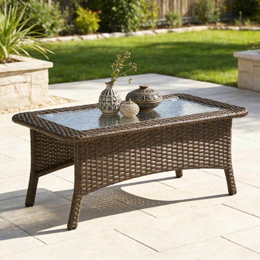 Rectangular Wicker Outdoor Coffee Table With Glass Top