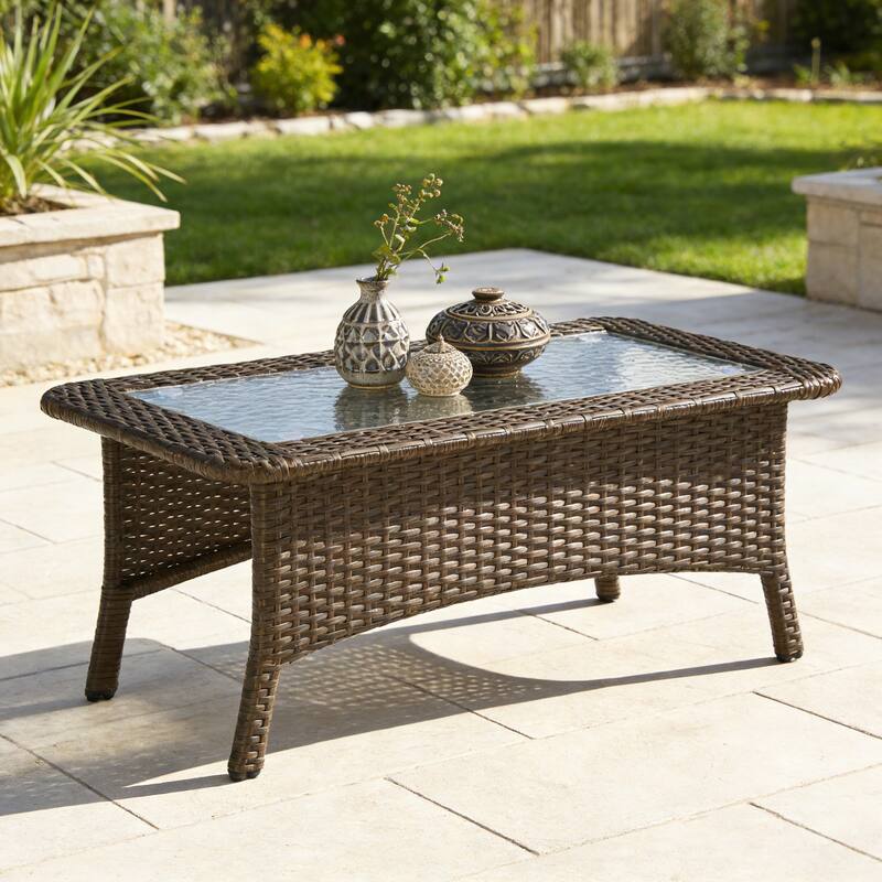 Rectangular Wicker Outdoor Coffee Table With Glass Top - Brown