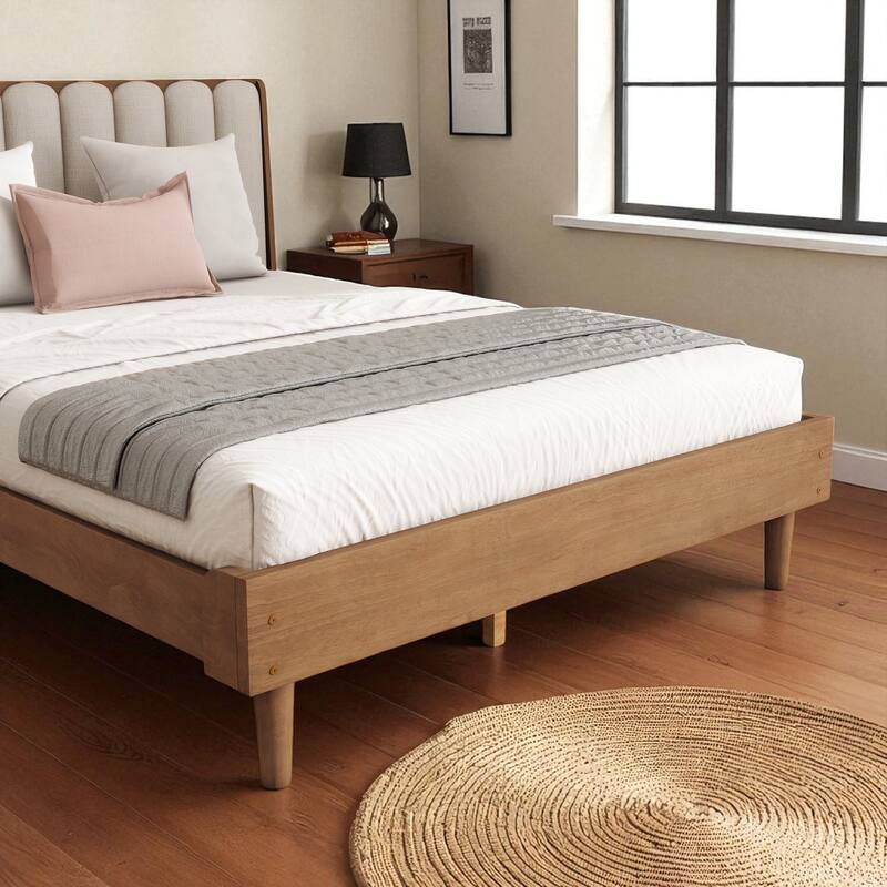 Queen/King Size Wood Platform Bed with Piano Key Upholstered Headboard and Sturdy Bed Frame