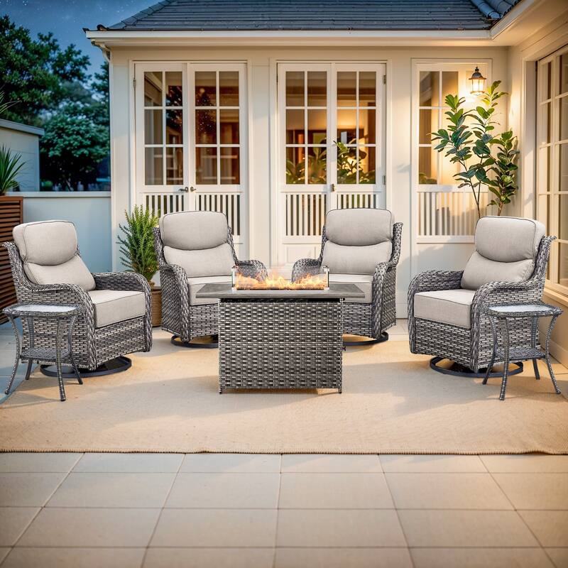 Pocassy Outdoor 6 Inch Sofa Chair Ottoman with Fire Pit Table Set - Grey Wicker Beige Cushion - 7 Pieces Swivel Chair Table with Fire Table