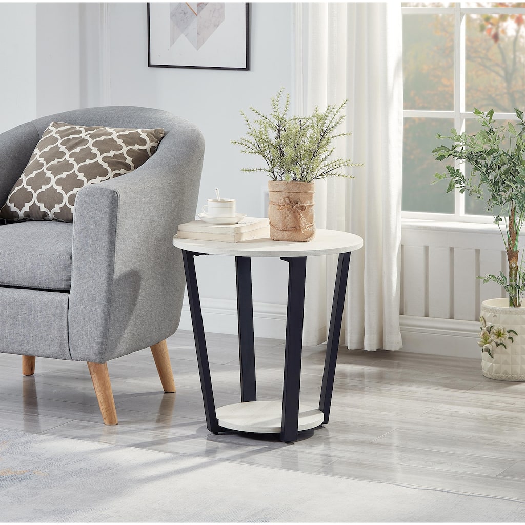 Anmytek Modern Round Side Table with Lower Shelf, Black Metal Accent End Table