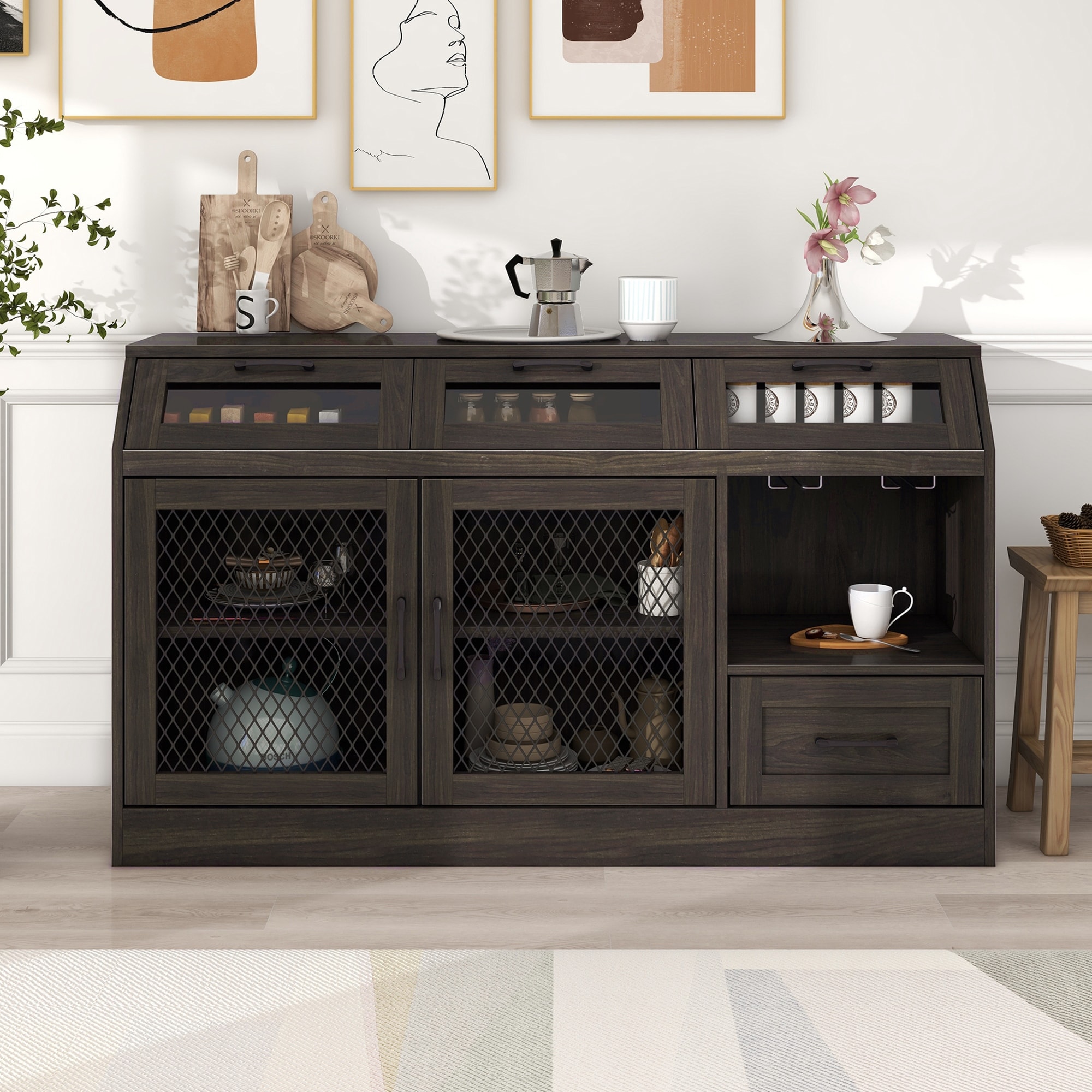Gray Large Capacity Kitchen Sideboard Storage Cabinet with Wine Rack and Glass Holder, Adjustable Shelf
