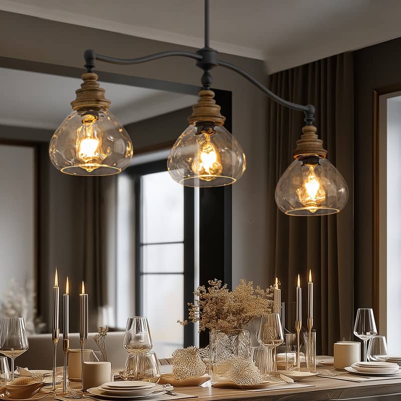 36 in. Rustic Farmhouse 3-Light Pendant Chandelier with Ripple Glass Shades Dimmable Chandelier for Dining Room Kitchen Island