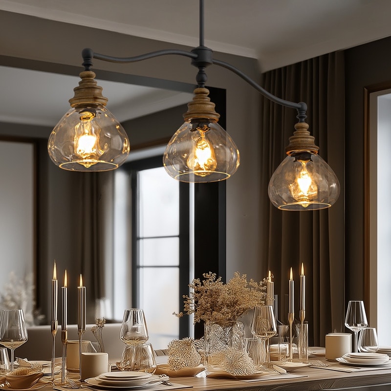 36 in. Rustic Farmhouse 3-Light Pendant Chandelier with Ripple Glass Shades Dimmable Chandelier for Dining Room Kitchen Island
