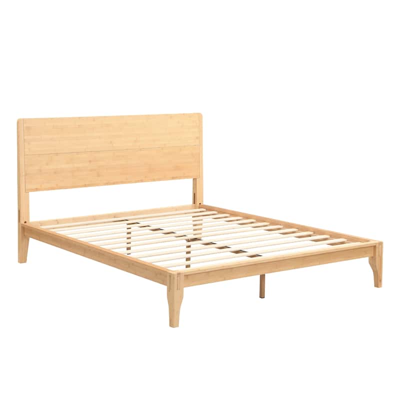 Full/Queen/King Bamboo Platform Bed, Mid-Century Modern Bed Frame with Tall Headboard, Wood Slat Support, No Box Spring Needed