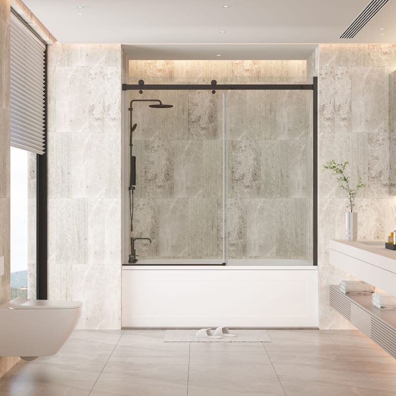60''W Glass Frameless Shower Door, Shower Sliding Door in Black/Chrome