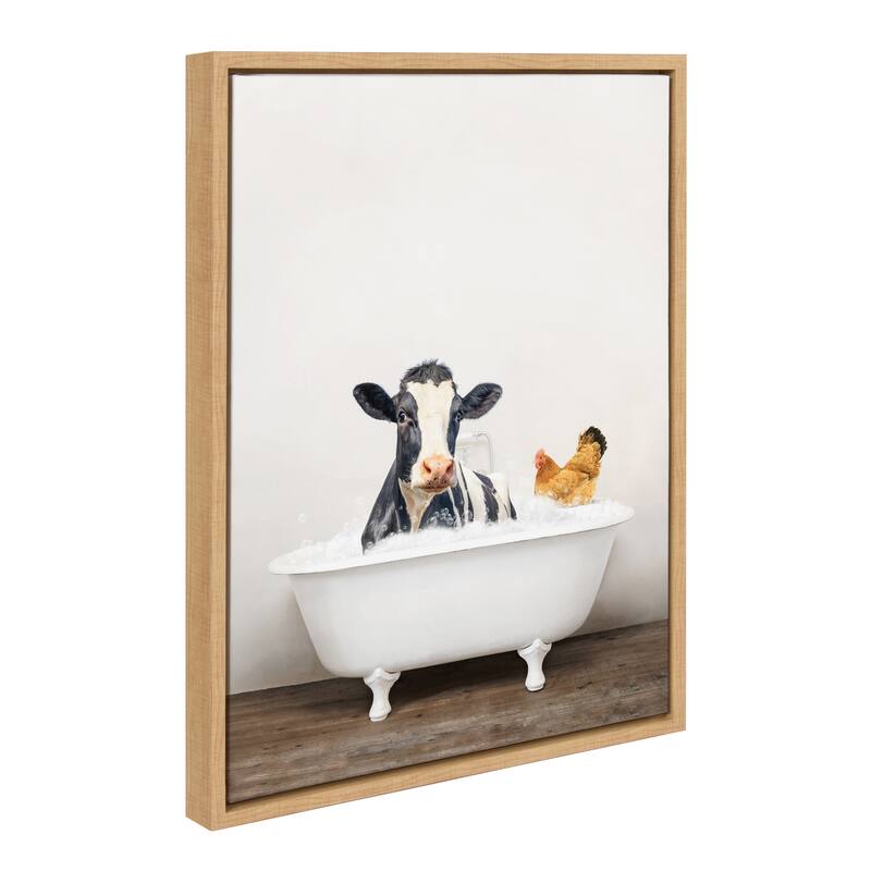 Kate and Laurel Cow Chicken in Bath Framed Canvas by Amy Peterson - Natural - 18x24
