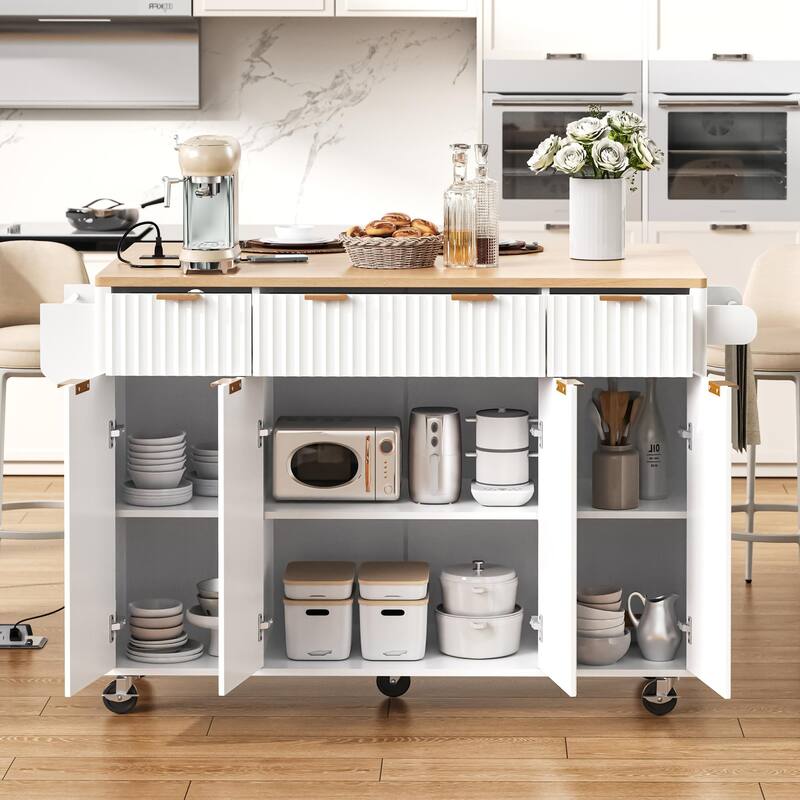 55.5" Fluted Storage Kitchen Island with Drop Leaf and Power Outlet and 3 Drawers - White