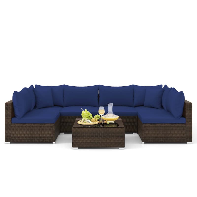 Gymax Set of 7 Rattan Furniture Set Sectional Sofa Cushioned Garden - Mix Brown+Navy