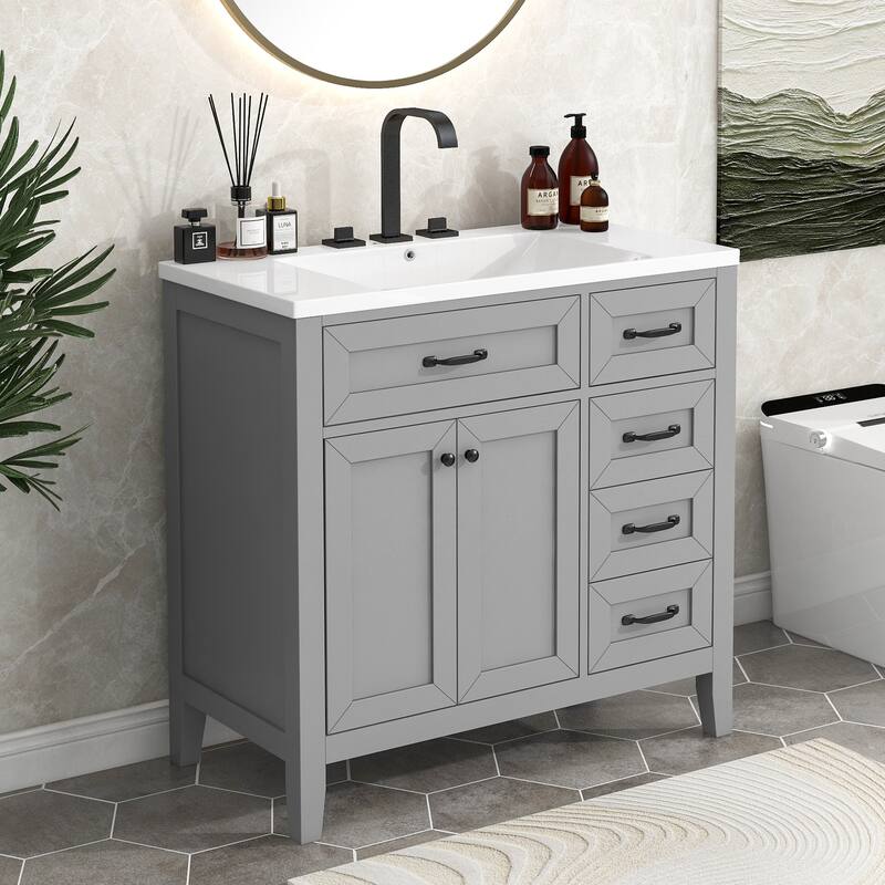 36" Bathroom Vanity with Sink Combo, Black Bathroom Cabinet with Drawers, Solid Frame and MDF Board