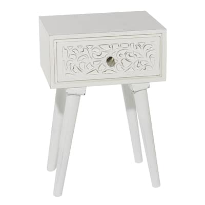 Mango Wood Scroll Intricately Carved Single Drawer Accent Table - White - Roche River Decor