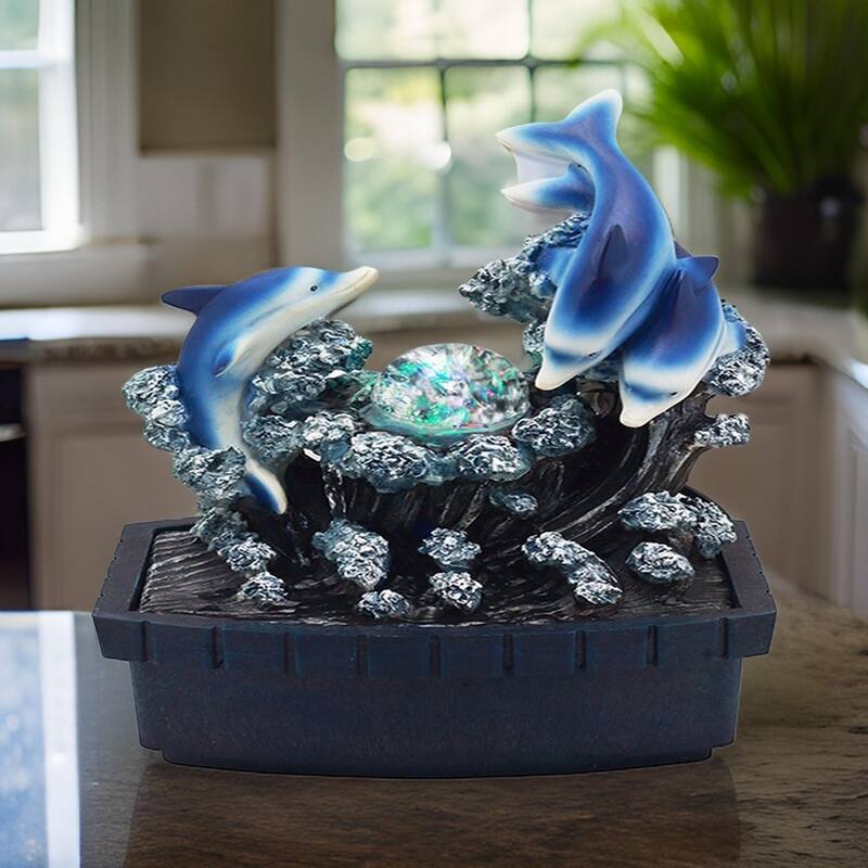 Eci 11 Inch Dolphin Tabletop Water Fountain, LED Light, Painted Multicolor