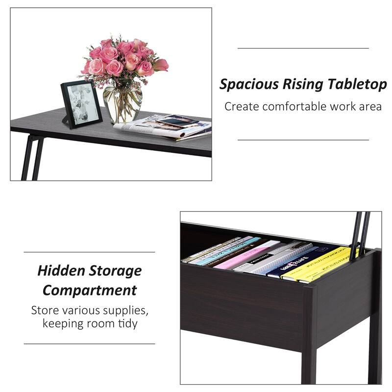 HOMCOM 39" Modern Lift Top Coffee Table Desk With Hidden Storage Compartment for Living Room, Coffee Brown Woodgrain