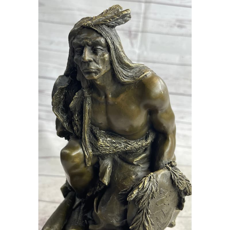 Native American Indian Warrior Squatting On Rock Bronze Sculpture Statue Marble Base