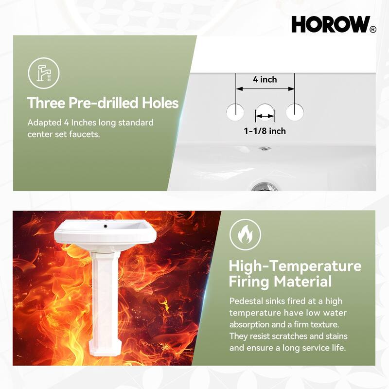 HOROW 23 in. W x18.5 in. D Rectangular Ceramic Pedestal Combo Bathroom Sink in White with Overflow Drain and 3-Faucet Holes