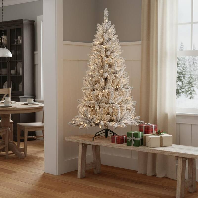 HomeRoots 4.5' White Pre Lit Full Flocked Fir Christmas Tree With Decorations - 35.00 in. x 54.00 in. x 35.00 in. - White - 4.5 Foot