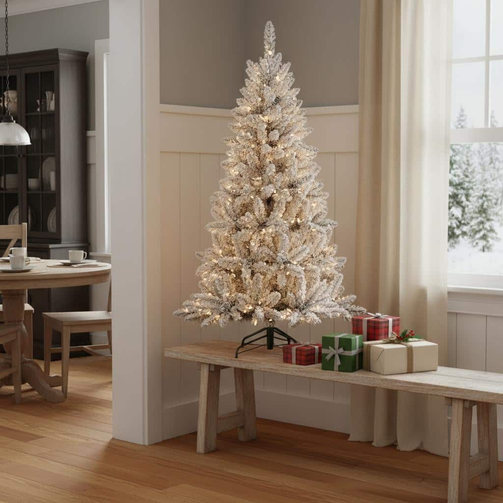 HomeRoots 4.5' White Pre Lit Full Flocked Fir Christmas Tree With Decorations - 35.00 in. x 54.00 in. x 35.00 in.