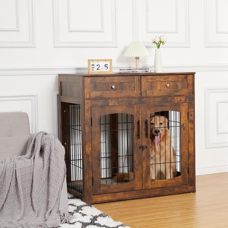 Wooden Dog Crate Furniture with Cushion 3Door Kennel End Table with2 Drawers - Brown - Large (50-95lbs)