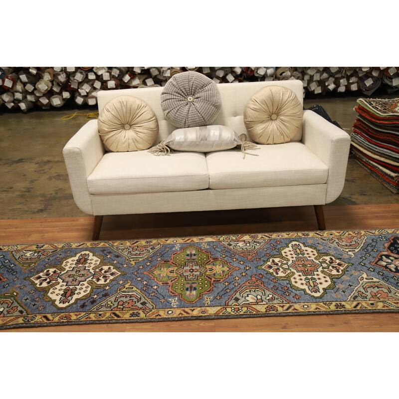 Hand Knotted Oriental 100% Wool Carpet Traditional Geometric Navy Blue & Blues Kazak Area Rug - 10' 2'' X 2' 6''