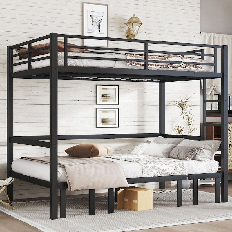 Pull-Out Bunk Bed with Three-Section Lower Bunk and Safety Rails on Top Bunk