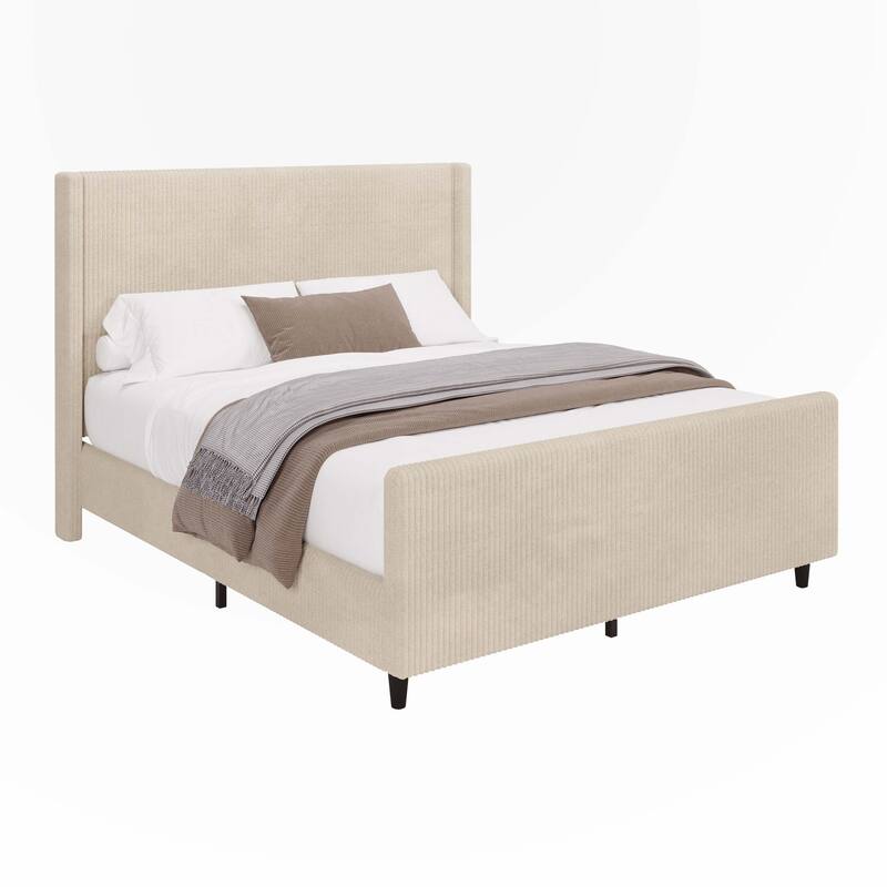 Corduroy Upholstered Bed Frame with Vertical Stripe Wingback and High Footboard
