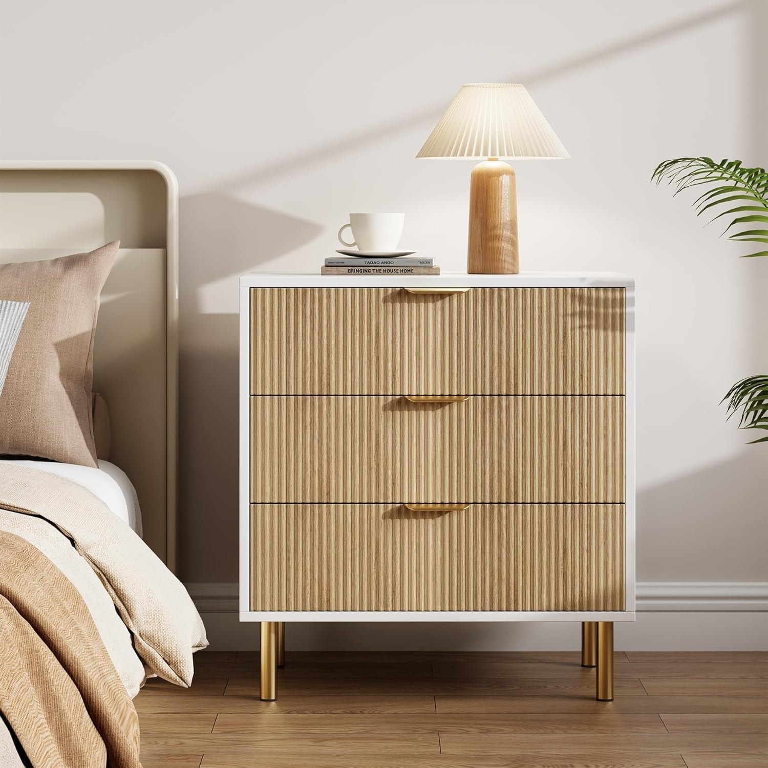 3-Drawer Modern Natural Dresser, 30" Tall, Fluted Chest with Gold Handles, Anti-Tip Device, Bedroom, Living Room, Kids Room