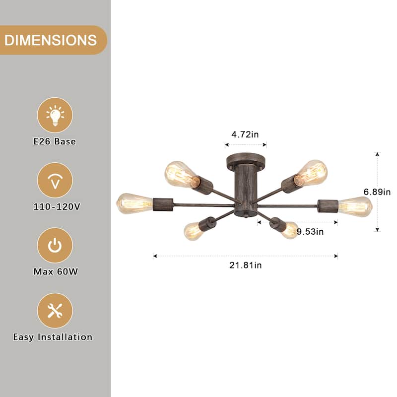 6-Light Modern Industrial Sputnik Semi-Flush Mount Ceiling Light - N/A