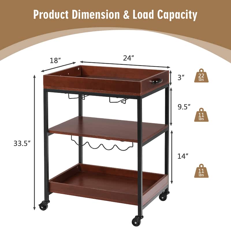 Kitchen Island Cart Rolling Wooden 3 Tier Serving Cart