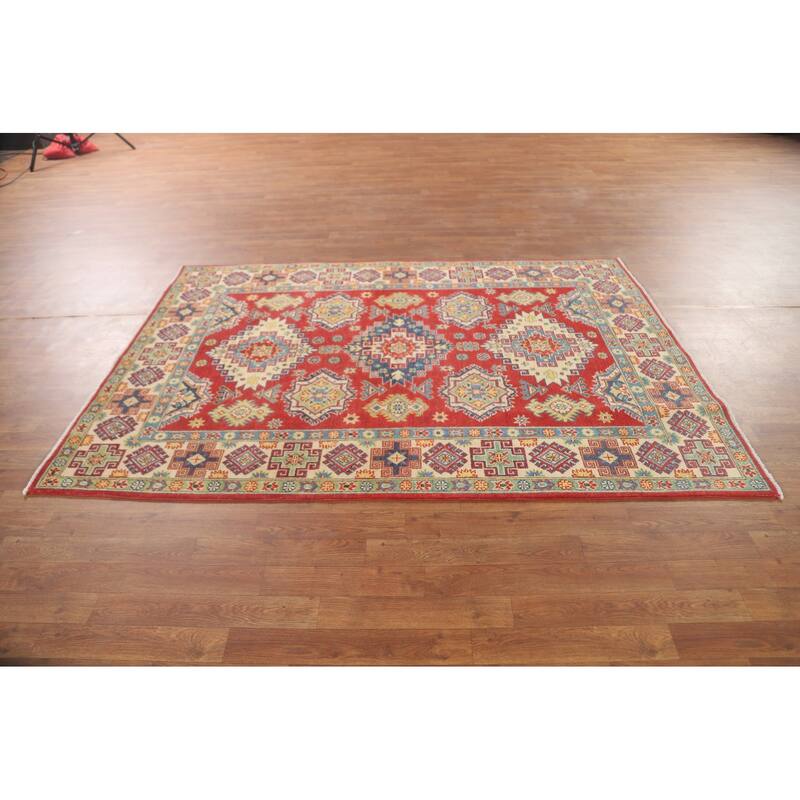 Geometric Red Kazak Area Rug Hand-Knotted Traditional Wool Carpet - 4'11" x 7'1"
