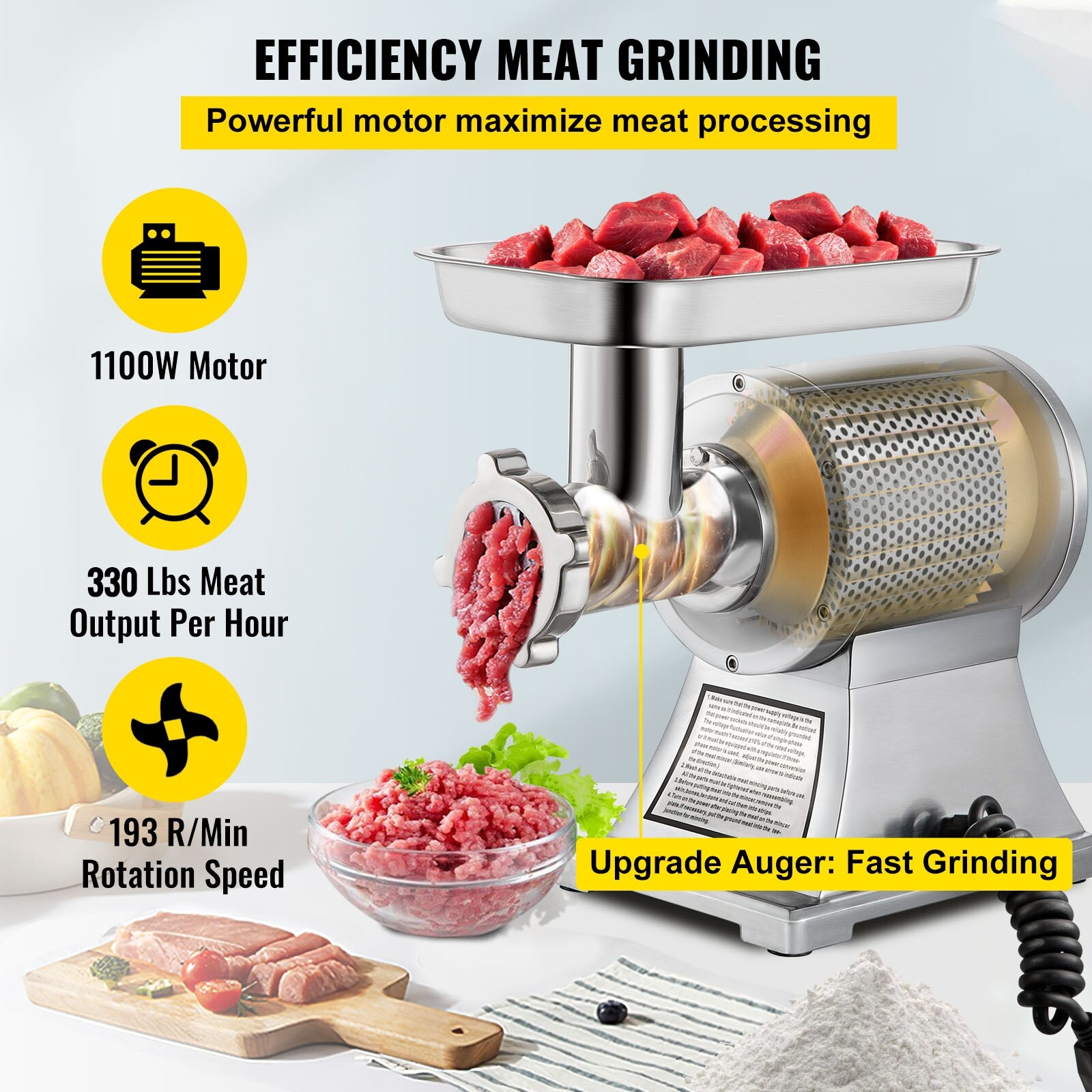 VEVOR Commercial Meat Grinder 550LB h 1100W Electric Sausage Stuffer 220 RPM Industrial Meat Mincer w 2 Blades Silver