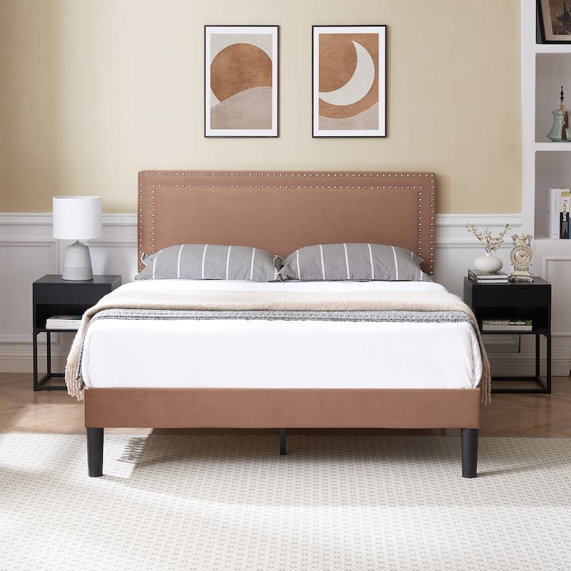 Upholstered Platform Bed Frame with Adjustable Headboard Velvet Nailhead Trim No Box Spring Needed - Coffee - Full