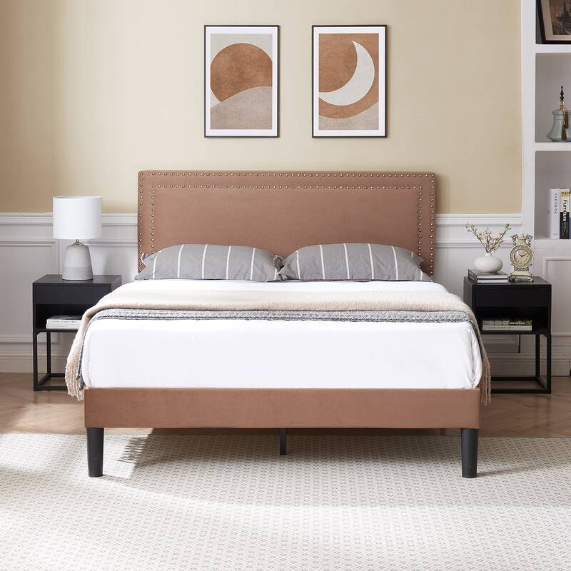 Upholstered Platform Bed Frame with Adjustable Headboard, Velvet Nailhead Trim, No Box Spring Needed