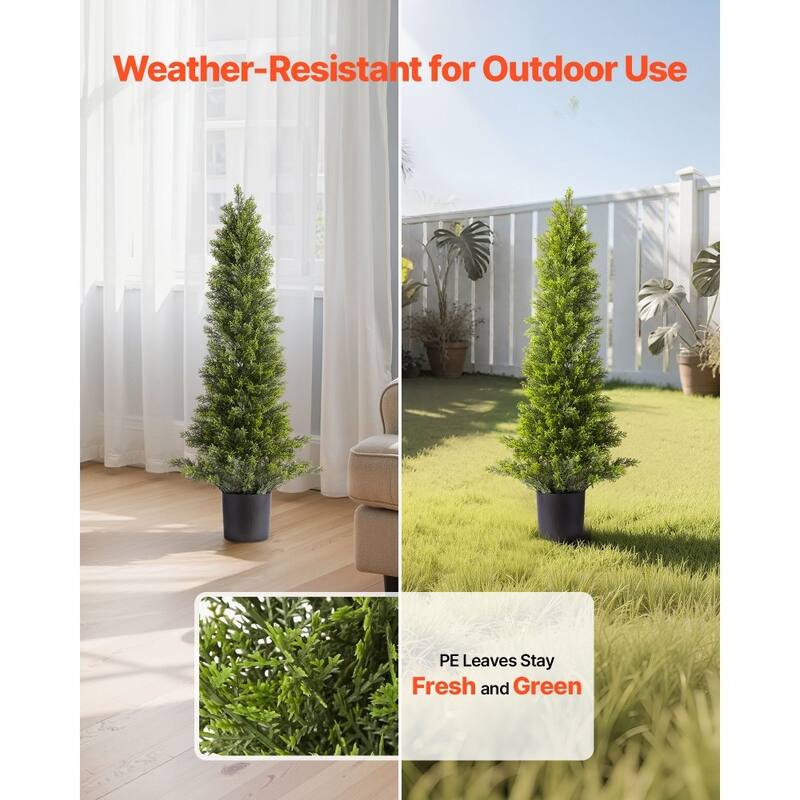 Set of 2 Artificial Topiary Cedar Trees Faux Greenery with Iron & PE Trunks, Weather-Resistant Decorative Plants