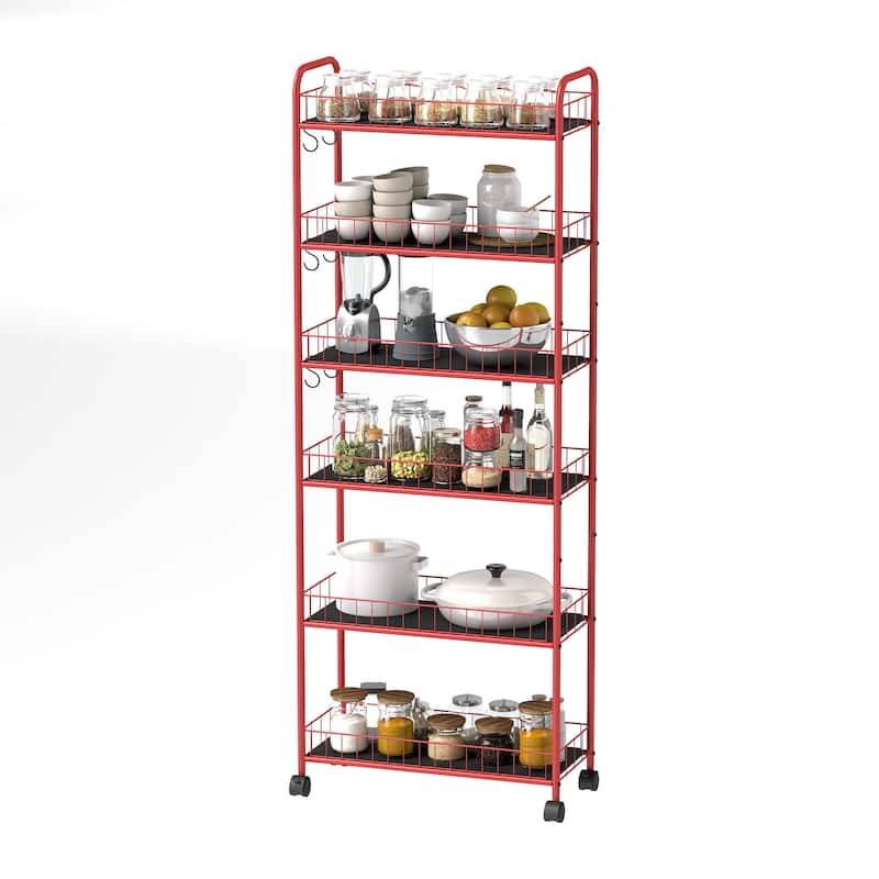 Red 6 Tier Slim Rolling Storage Cart, Mobile Shelving Unit with Wheels, Metal Wire Storage Shelving Rack with Baskets