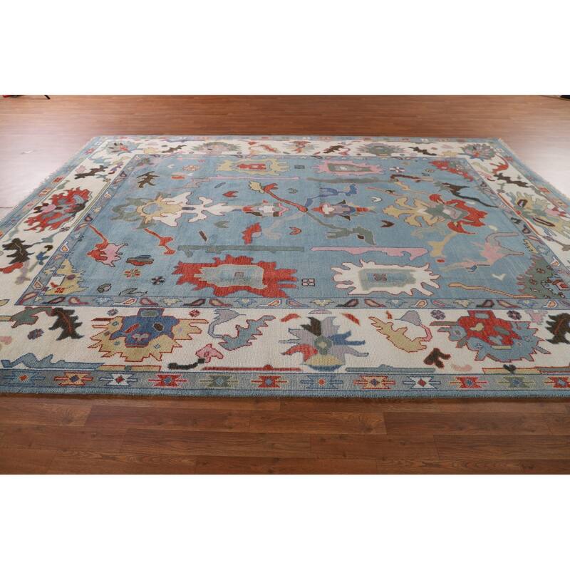 Light Blue Oushak Oriental Area Rug Hand-Knotted Wool Carpet - 9'1" x 11'10"