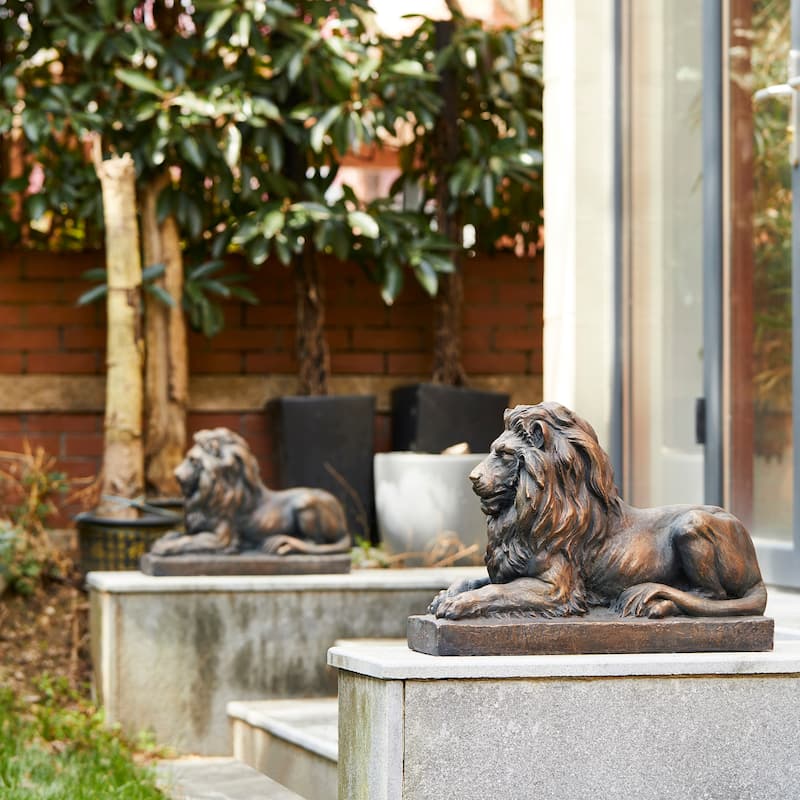 Glitzhome Set of 2 MgO Majestic Walking & Lying Guardian Lion Statues Porch Sculpture Indoor Outdoor