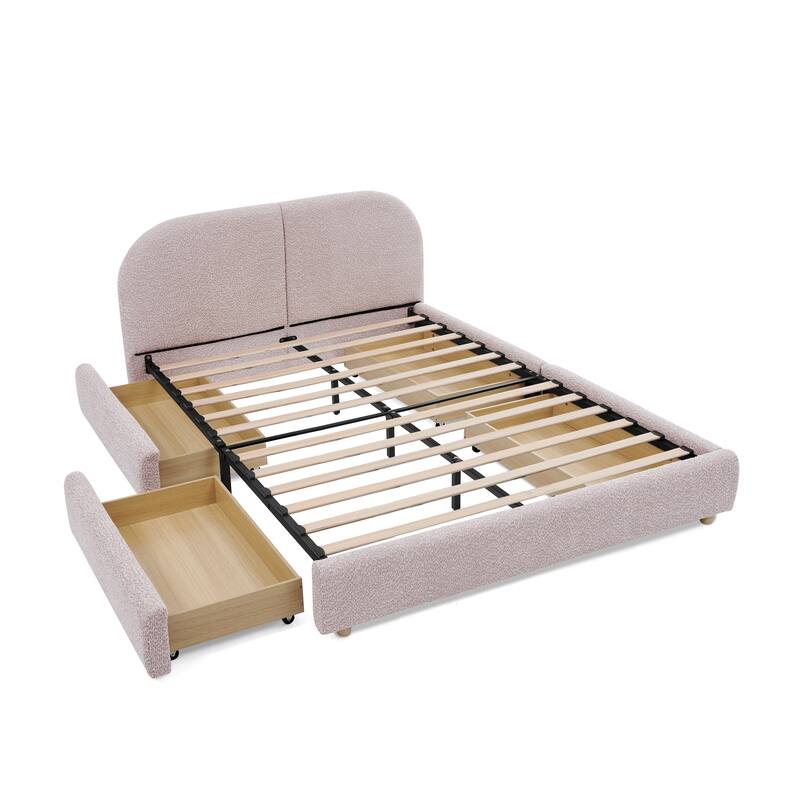 Queen Size Upholstered Bed Frame Modern Minimalist Style - Circle Yarn Fabric, Tall Curved Headboard