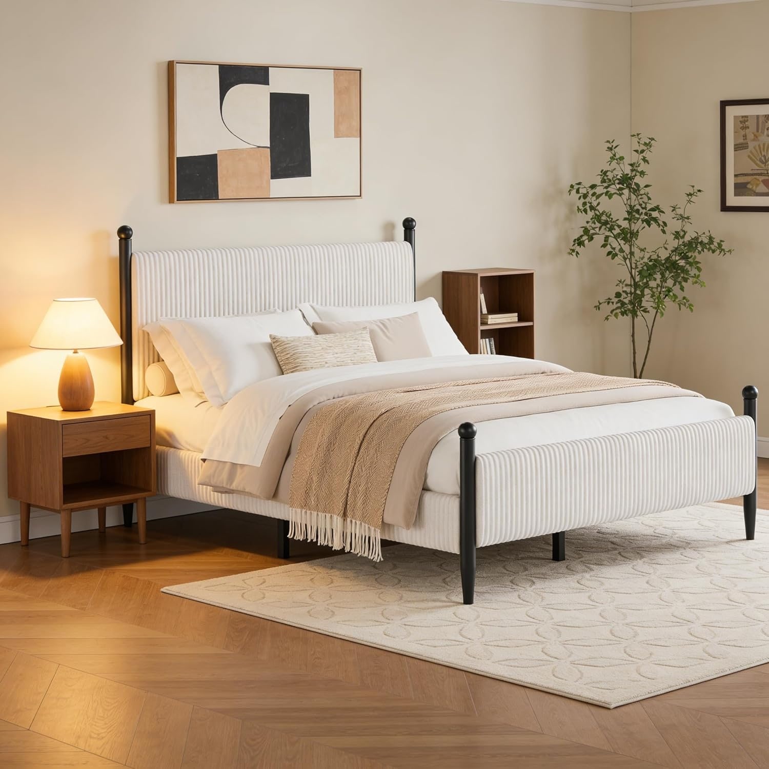 Twin Bed Frame with Velvet Headboard, Upholstered Soft Corduroy Fabric Platform with Wooden Slats Support