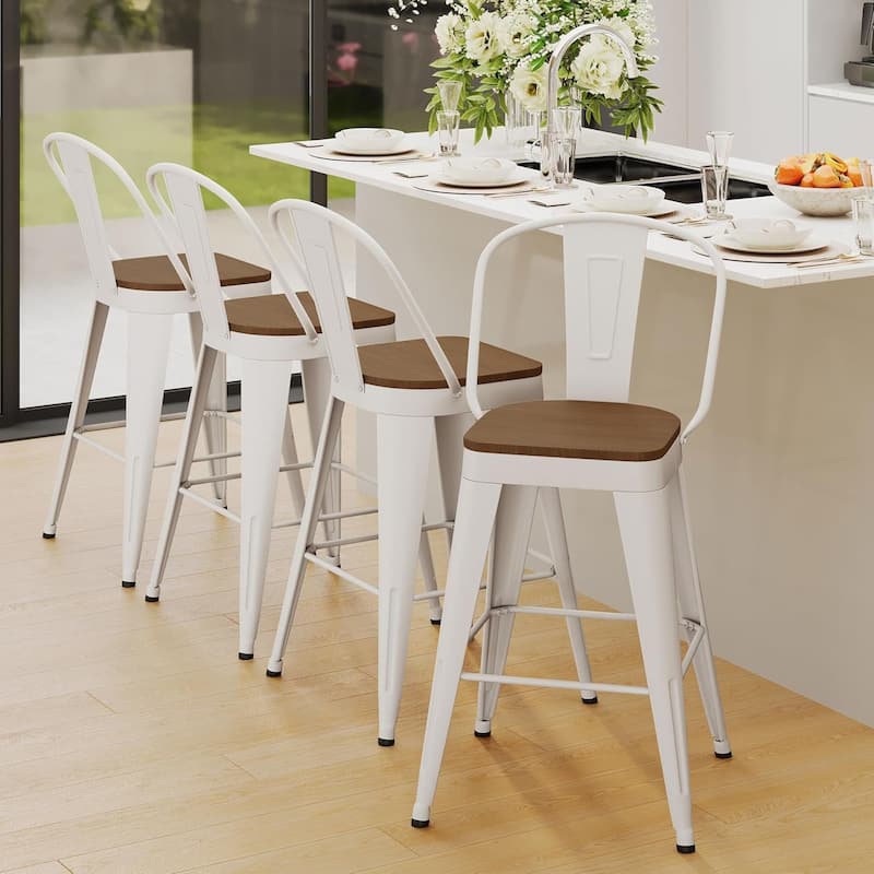 Counter & Bar Stools with Metal Frame Kitchen Stools with High Back Kitchen Bar Furniture Stools with Wooden Seat - Off-White - Bar Height - Set of 4