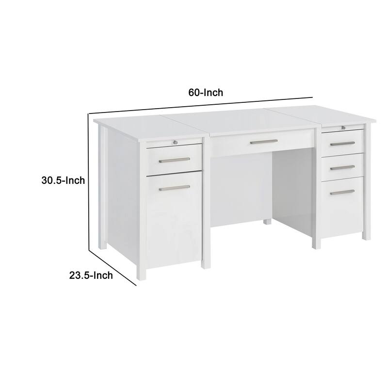 Wim 60 Inch Lift Top Office Desk, 4 Drawers, 2 Pull Out Trays, Glossy White