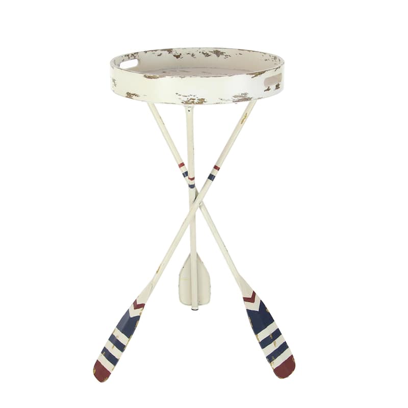 Metal Paddle Distressed Striped Accent Table with Navy and Red Striped Oar Legs - White - Roche River Decor - White