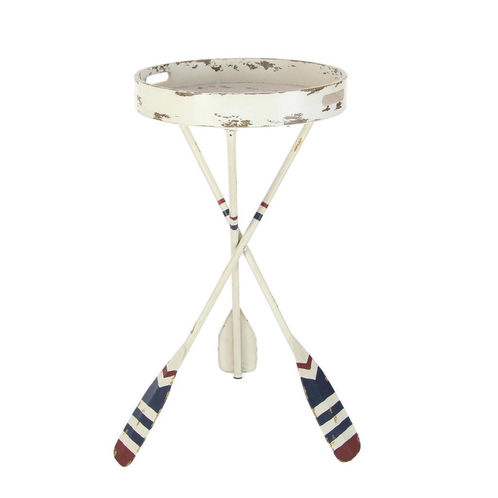 Metal Paddle Distressed Striped Accent Table with Navy and Red Striped Oar Legs - White - Roche River Decor