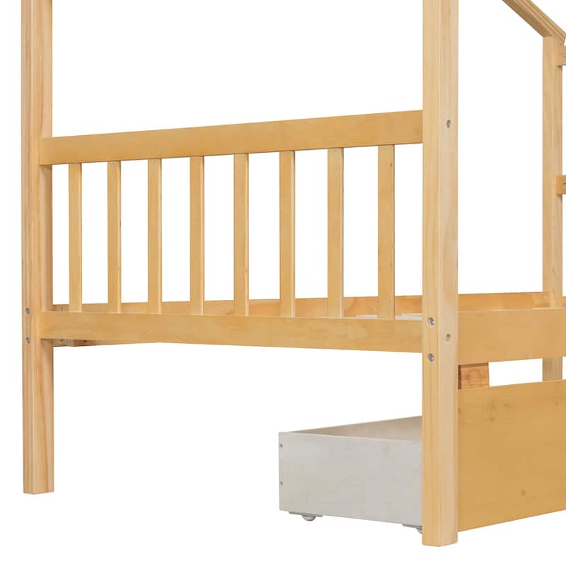 Twin Size Wooden House Bed with Drawers, 79.5"L x 41.5"W x 63.1"H, Natural