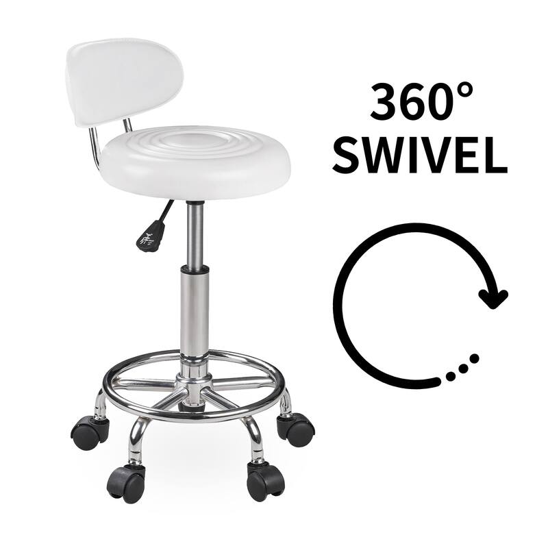 Javlergo White Office Chair Stool PU Leather Backrest Rolling Salon Stool Round Swivel Drafting Spa Stool - White
