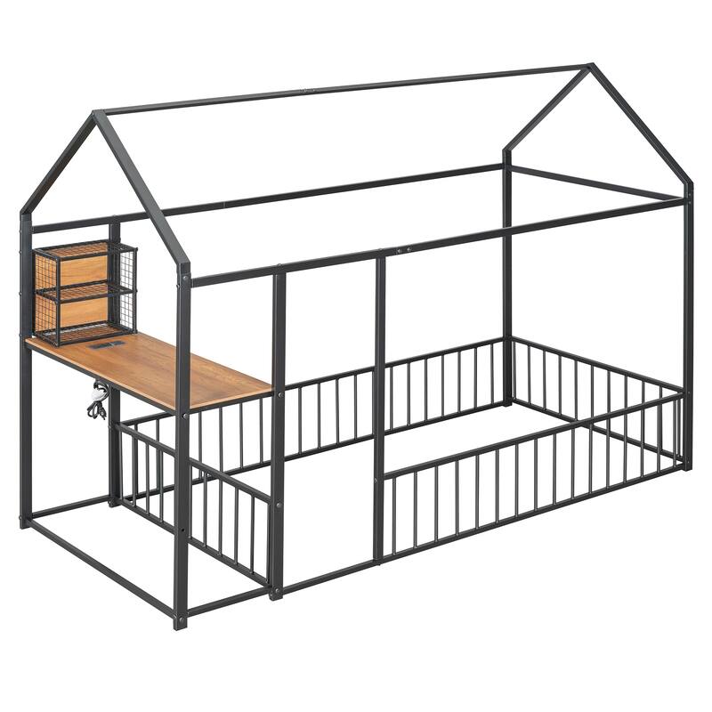 House Bed with Desk and Storage - Twin/Full Metal Frame with USB Ports, Power Outlets, and Shelves