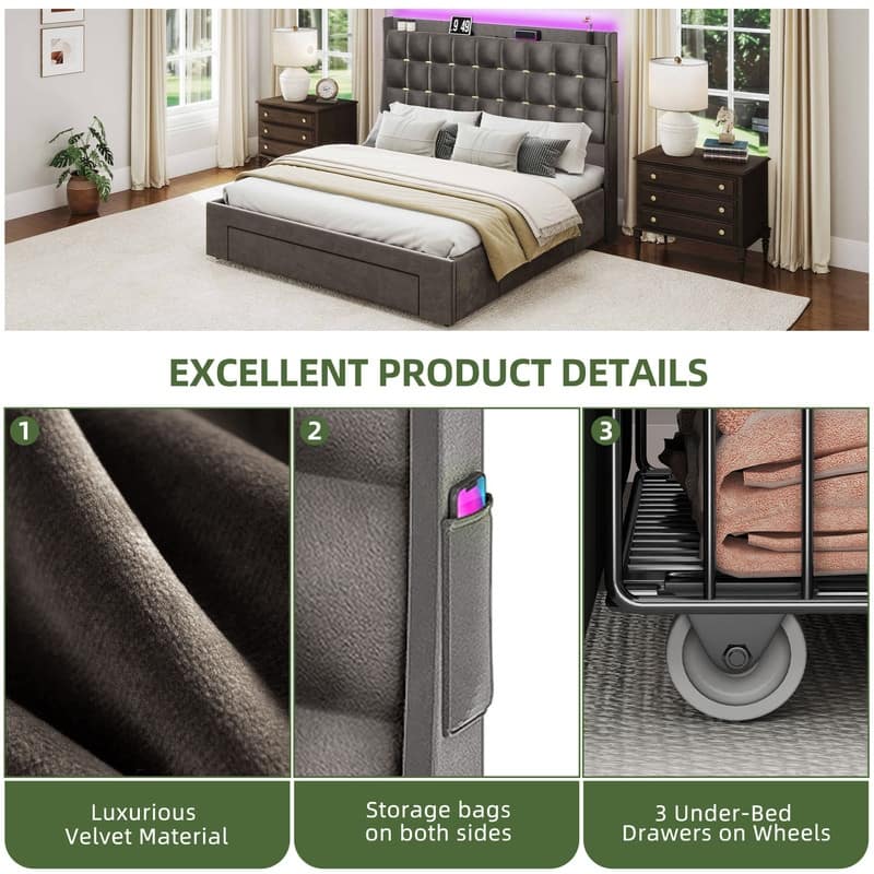 Moasis King Size Velvet Platform Bed with 4 Drawers,Bed Frames with RGB Light & Built-in Charging Station