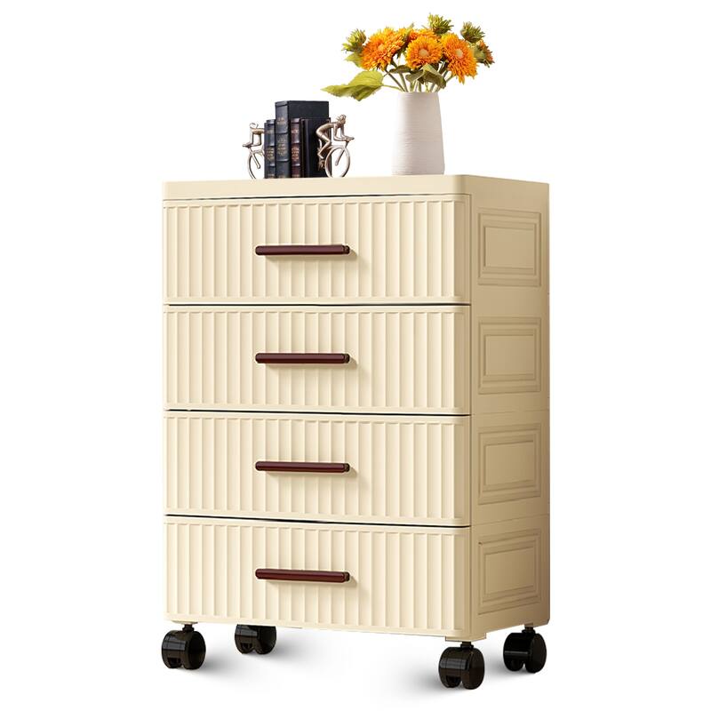 Plastic Drawer Storage 18.9" Wide Plastic Chest Of Drawers For Bedroom Fluted Design Storage Organizer Cart With Wheels - 4 layer