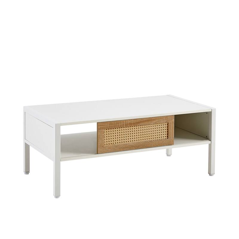 Rattan Storage Coffee Table with Sliding Door and Metal Legs